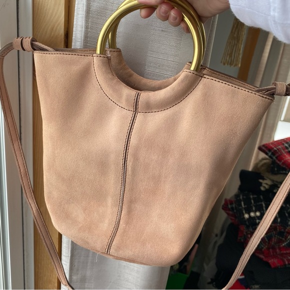 J Crew Blush Pink Suede Bracelet Bucket Crossbody Gold Italian Leather Frankie - Picture 14 of 16